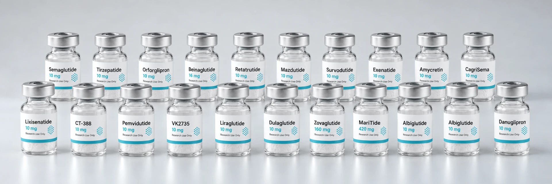 Twenty GLP-1 agonist vials on a white surface