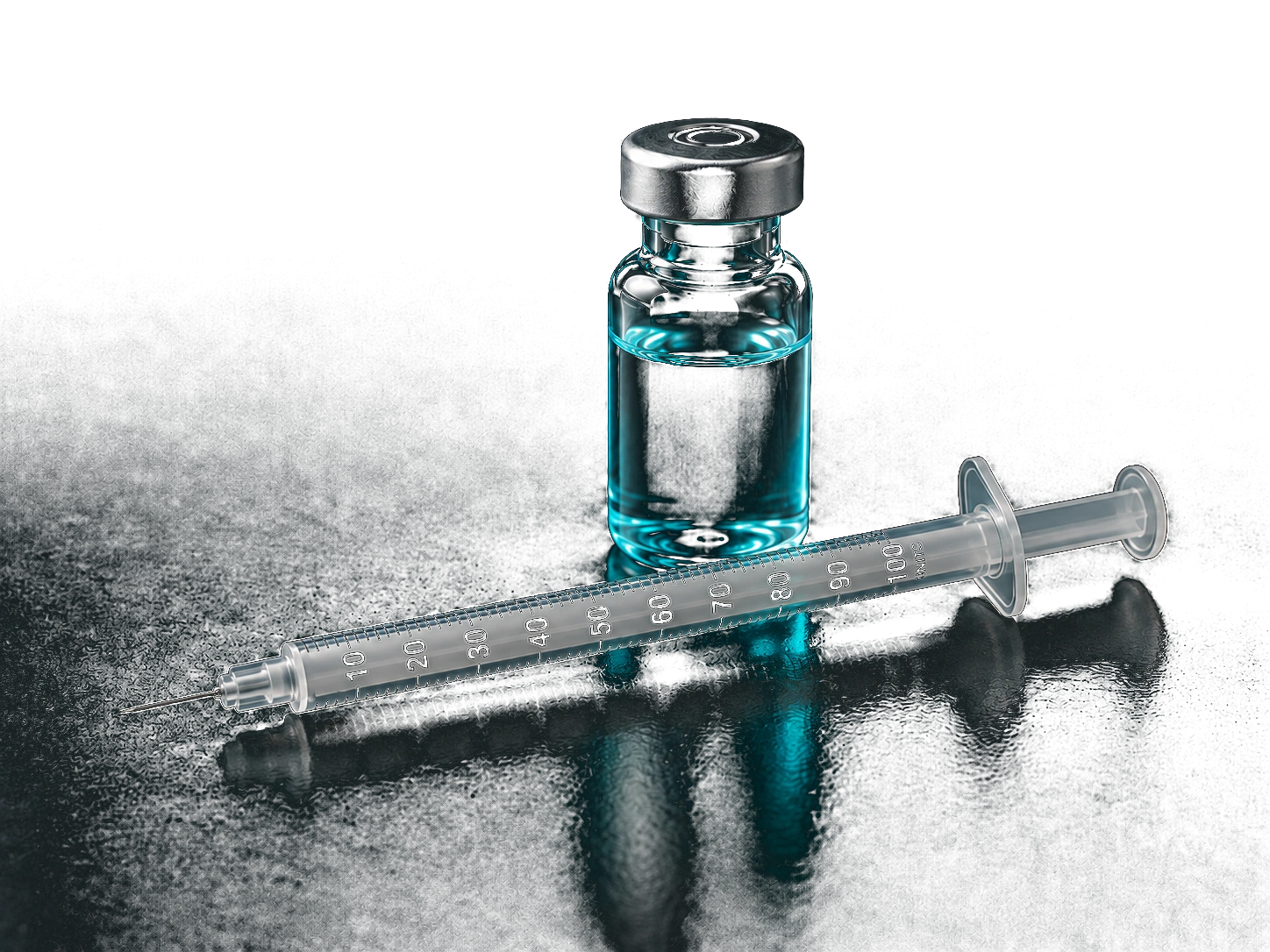 Glass peptide vial and U-100 insulin syringe on a dark studio surface