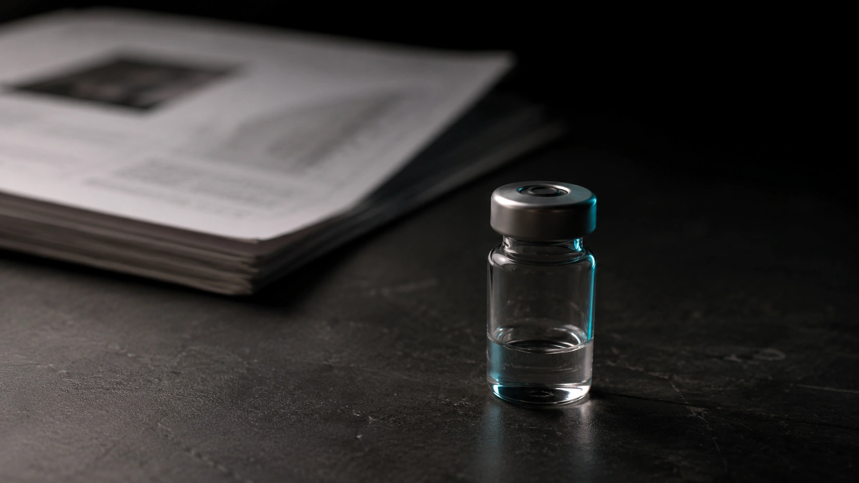 A glass peptide vial glowing under teal light on a dark surface