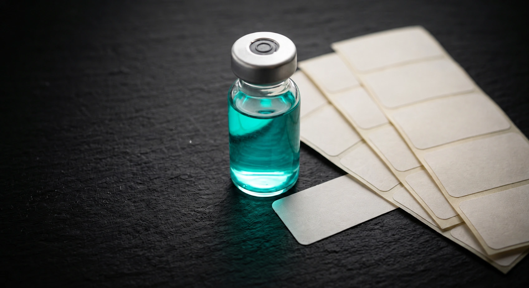 A small clear glass vial with a silver crimp cap, filled with turquoise liquid, standing on a dark surface beside a sheet of blank white labels.