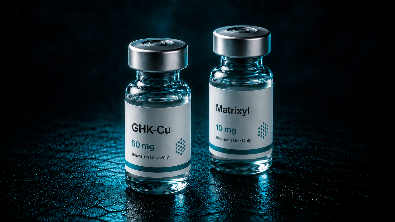 Two research vials labeled GHK-Cu and Matrixyl on a dark surface