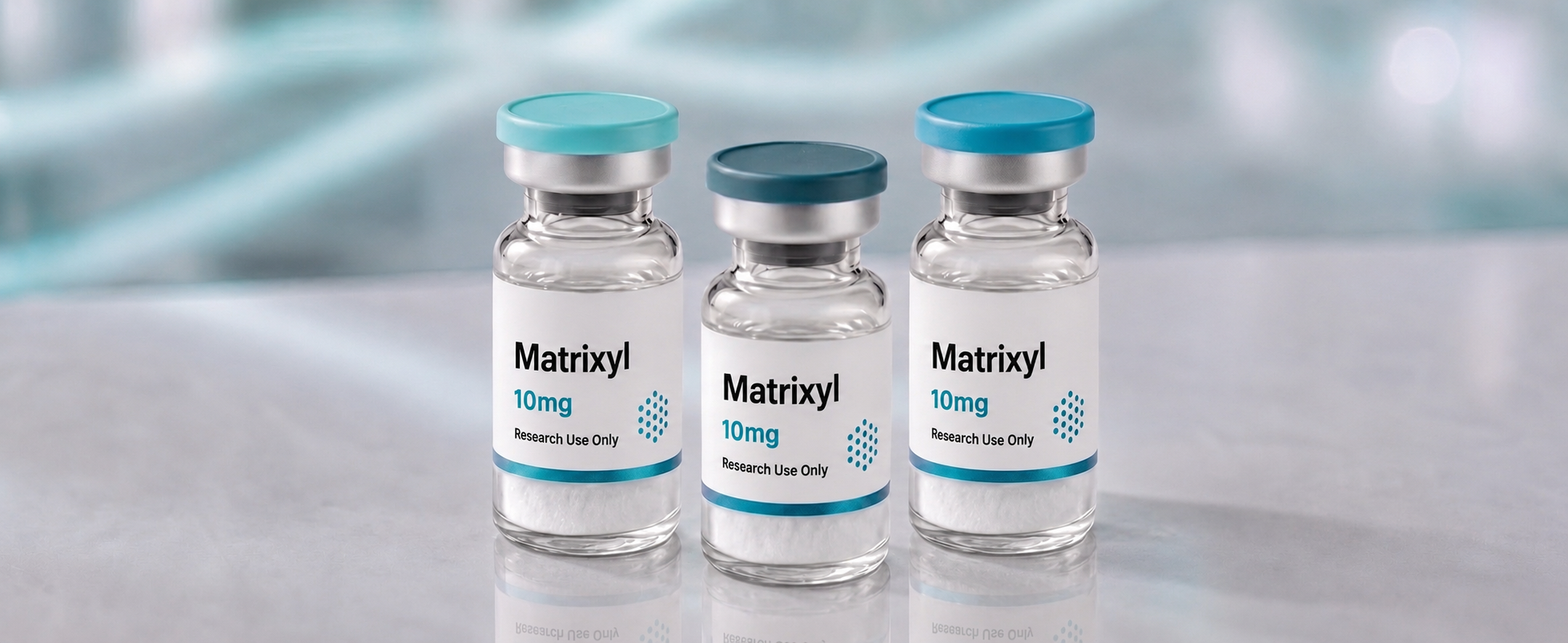 A row of Matrixyl (Palmitoyl Pentapeptide-4) research vials, mock product photograph