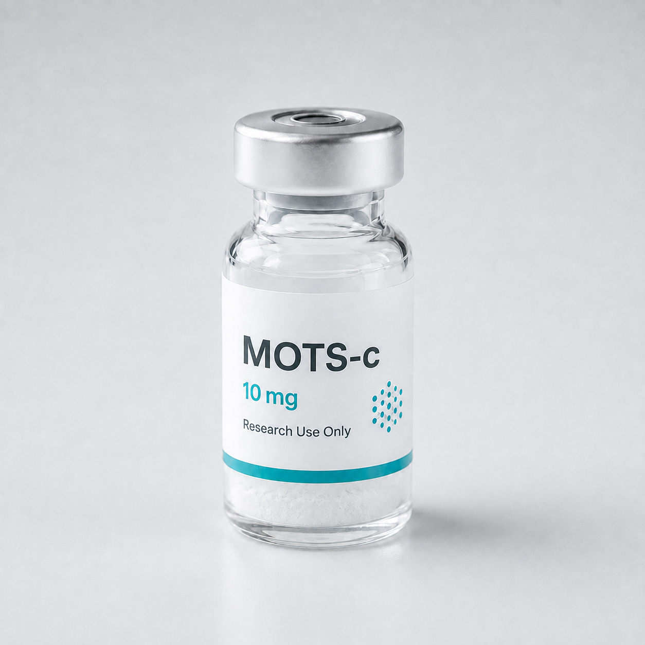Research vial labeled MOTS-c containing white lyophilized powder