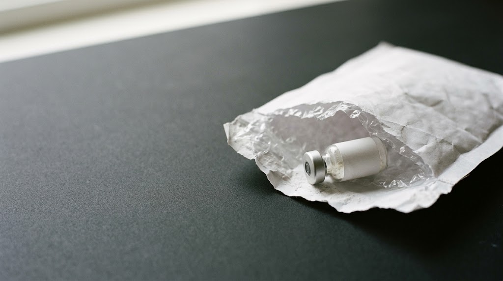 An unlabelled powder vial lying on an opened silver packet on a dark surface