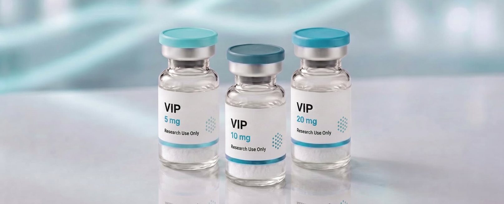 A row of VIP (Vasoactive Intestinal Peptide) research vials, mock product photograph