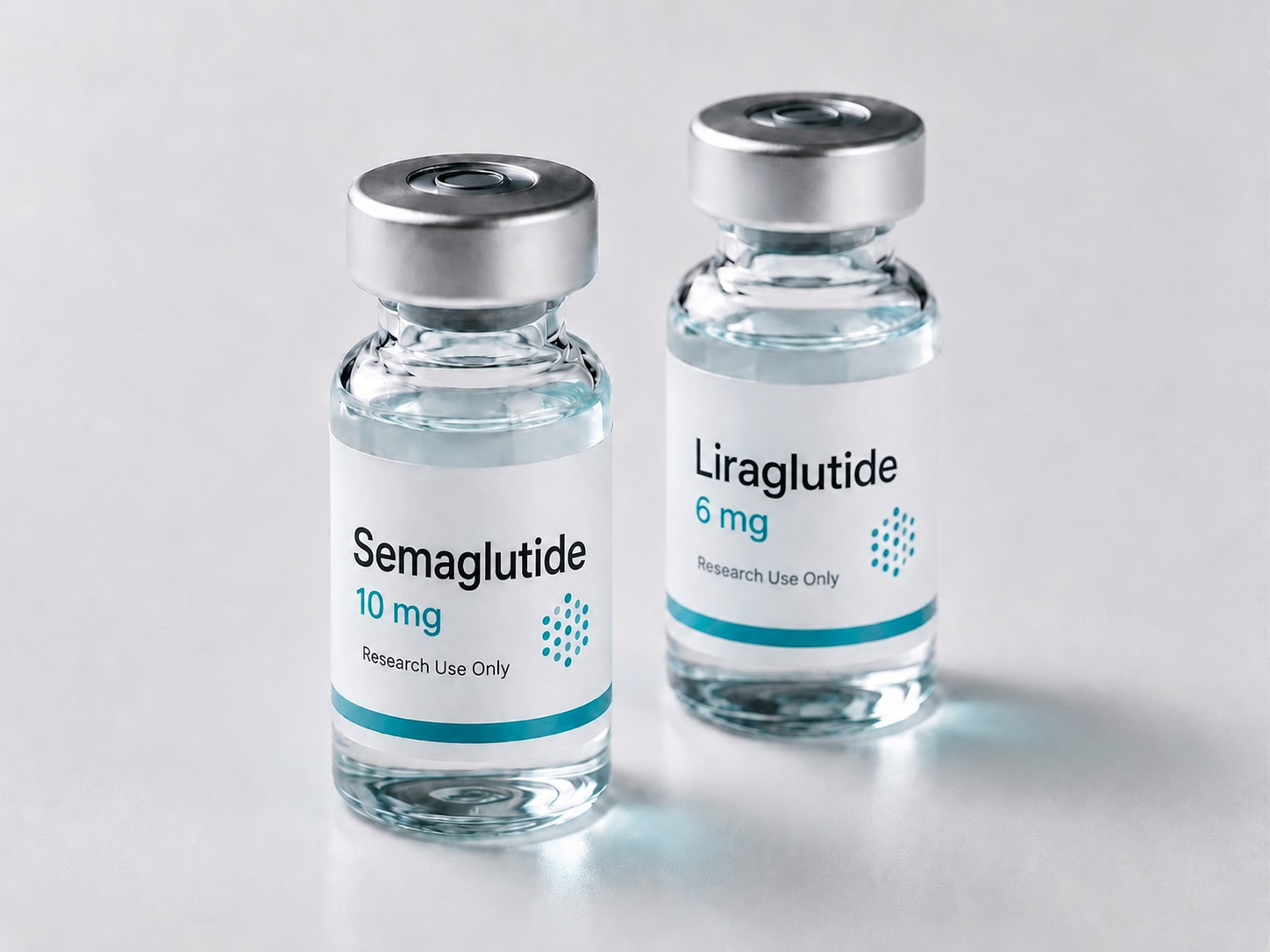 Semaglutide and liraglutide research vials on a white surface