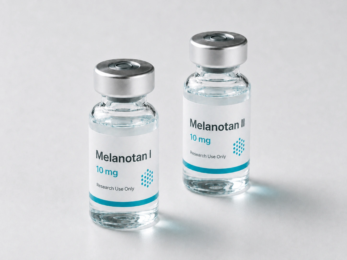 Melanotan I and Melanotan II vials side by side on a white surface