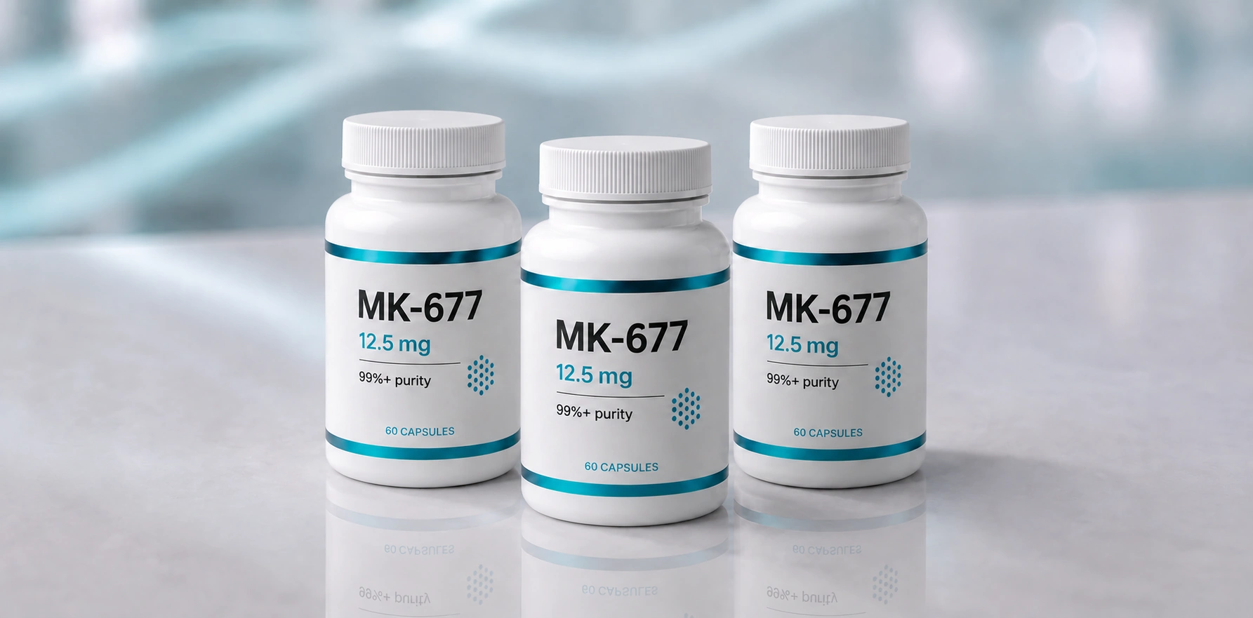 A row of MK-677 (Ibutamoren) research vials, mock product photograph