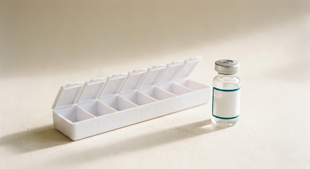 A small clear glass vial with a silver crimp cap standing beside an empty white weekly pill organizer on a warm off-white surface.