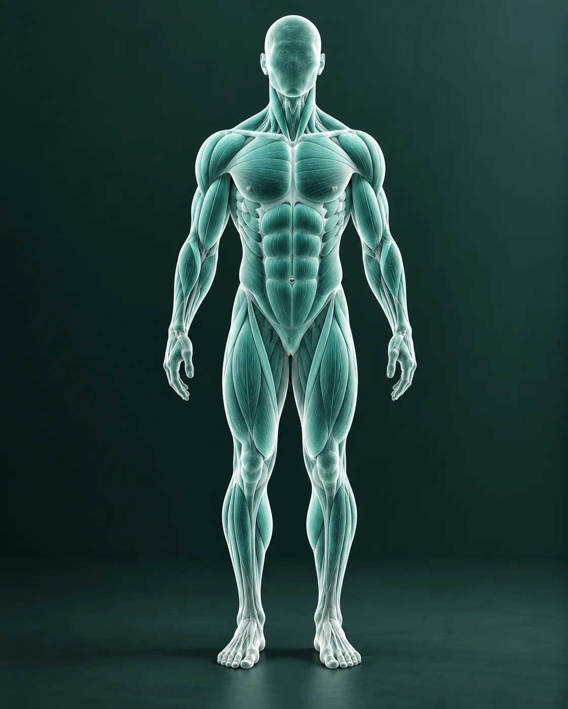 Anatomical model of a standing human figure showing muscle and tendon tissue