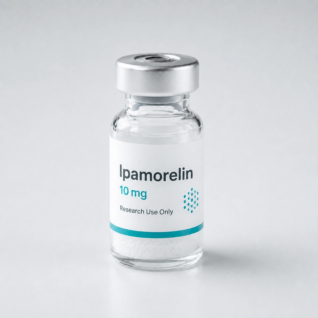 Research vial labeled Ipamorelin containing white lyophilized powder