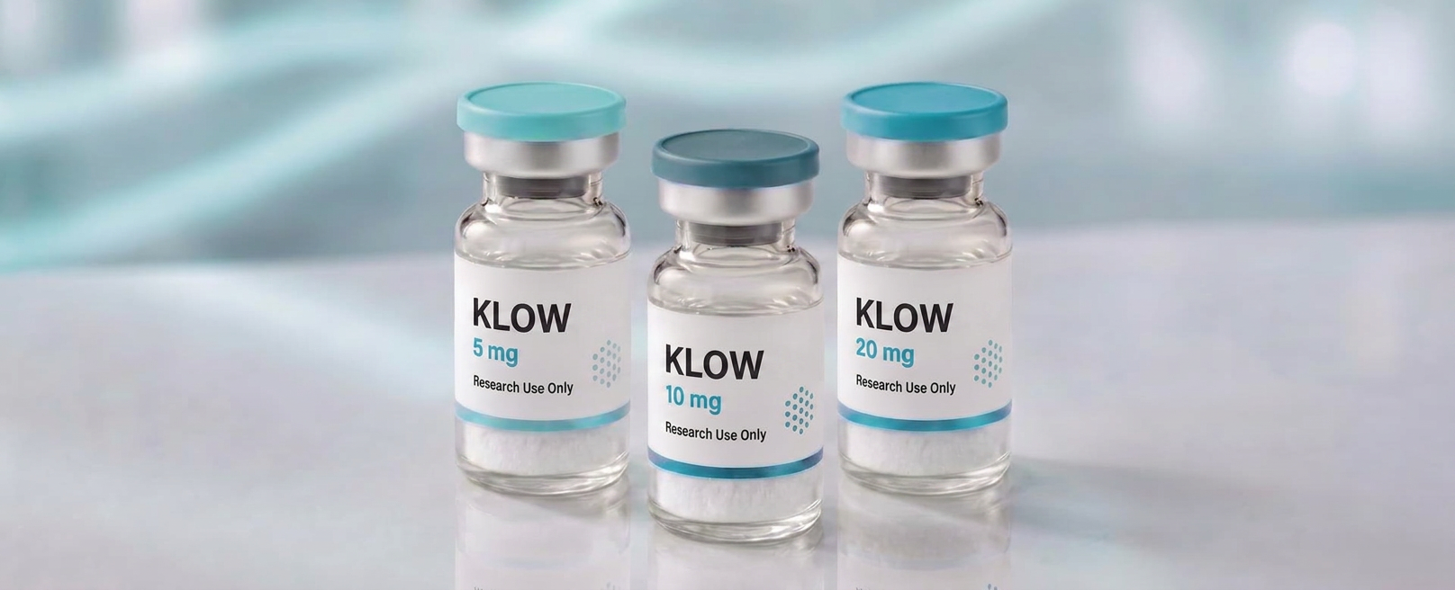 A row of KLOW blend research vials, mock product photograph