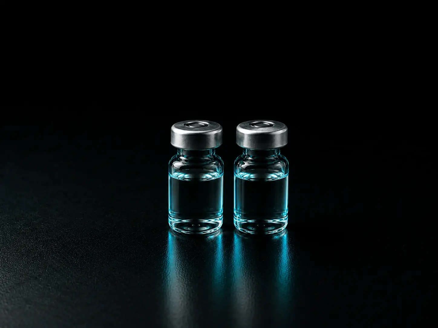 Two peptide vials side by side on a dark surface