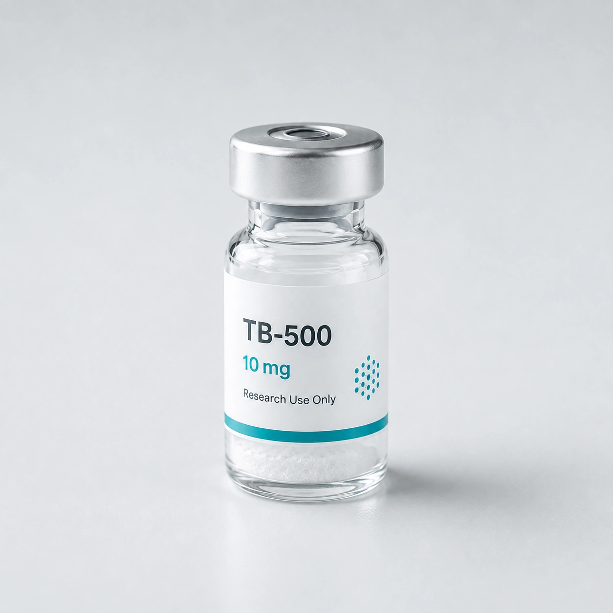 Research vial labeled TB-500, ten milligrams, containing white lyophilized powder