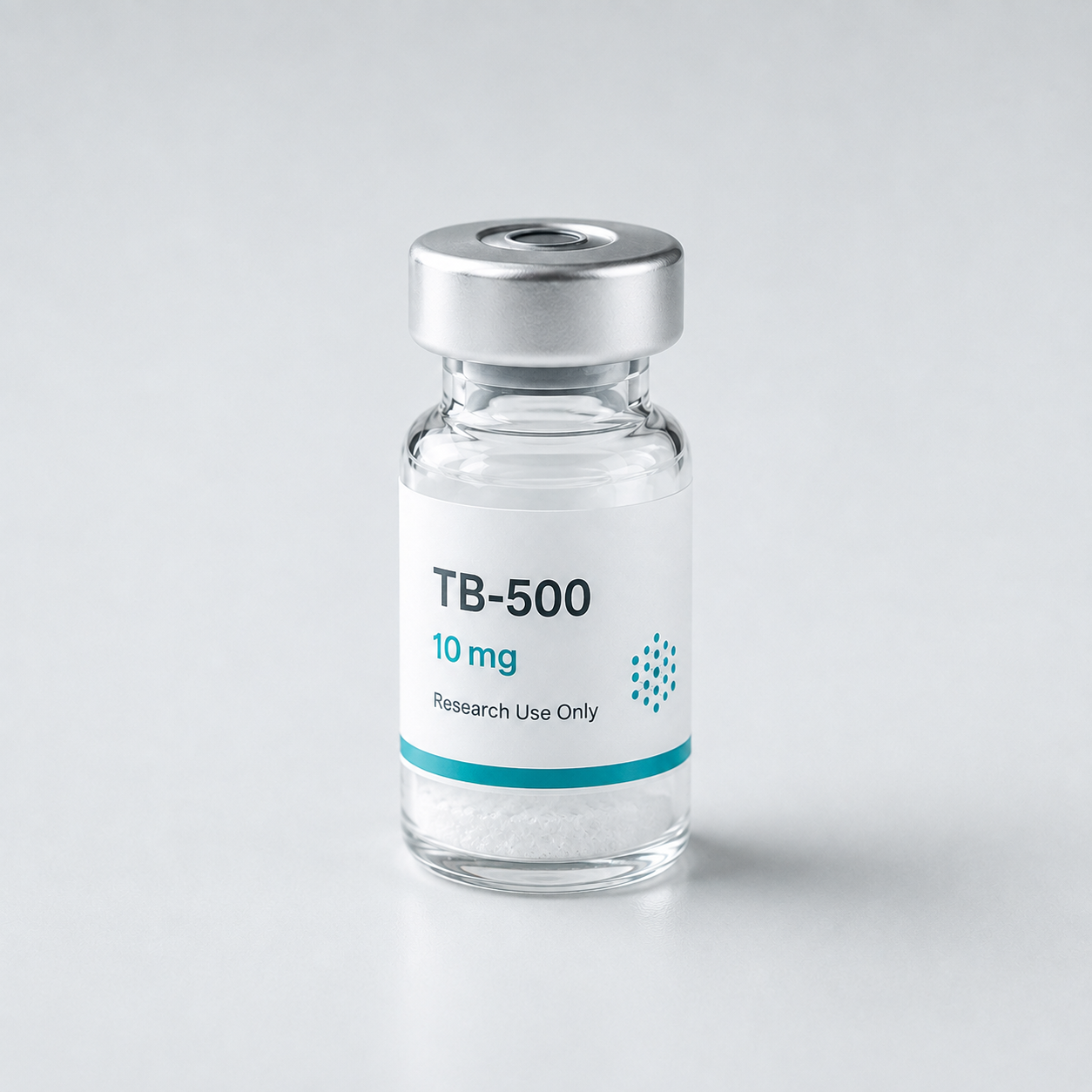 Research vial labeled TB-500, ten milligrams, containing white lyophilized powder