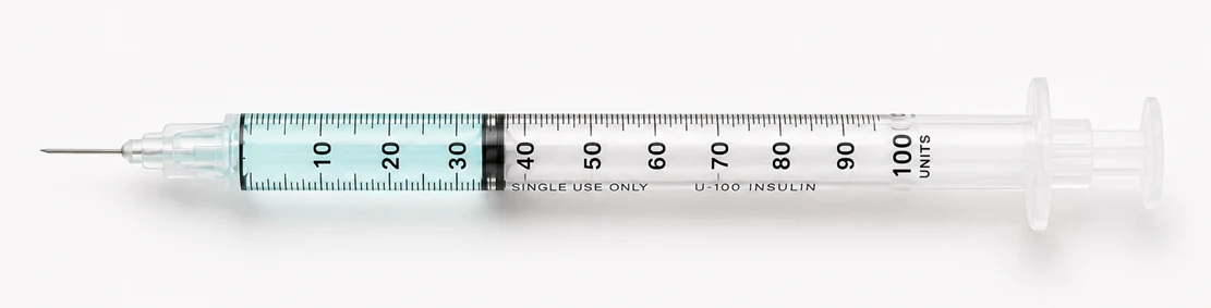 U-100 insulin syringe marked 0 to 100 units, with 35 units drawn to show 0.35 mL
