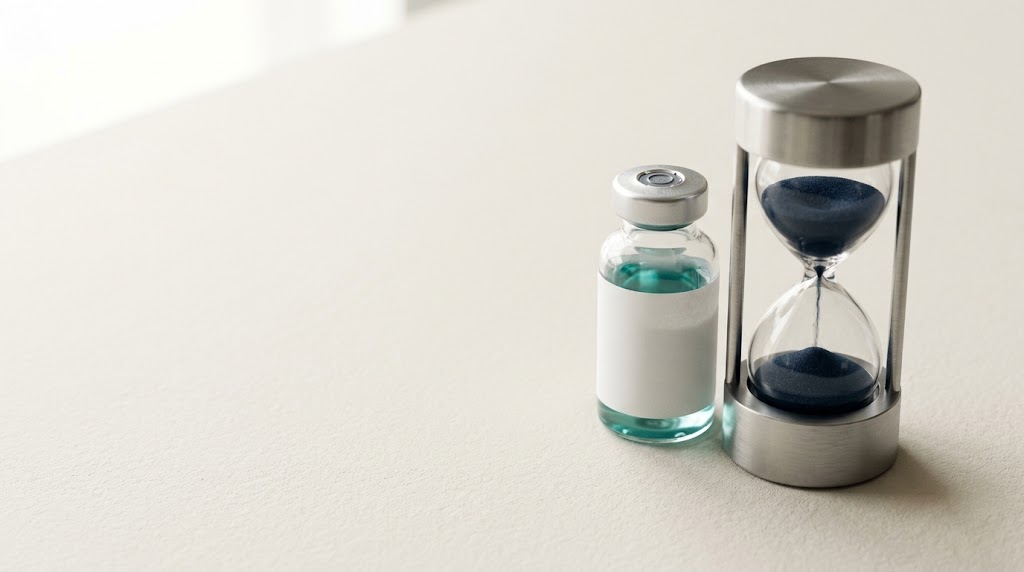 A glass vial of clear blue-tinted solution beside a metal hourglass with dark sand
