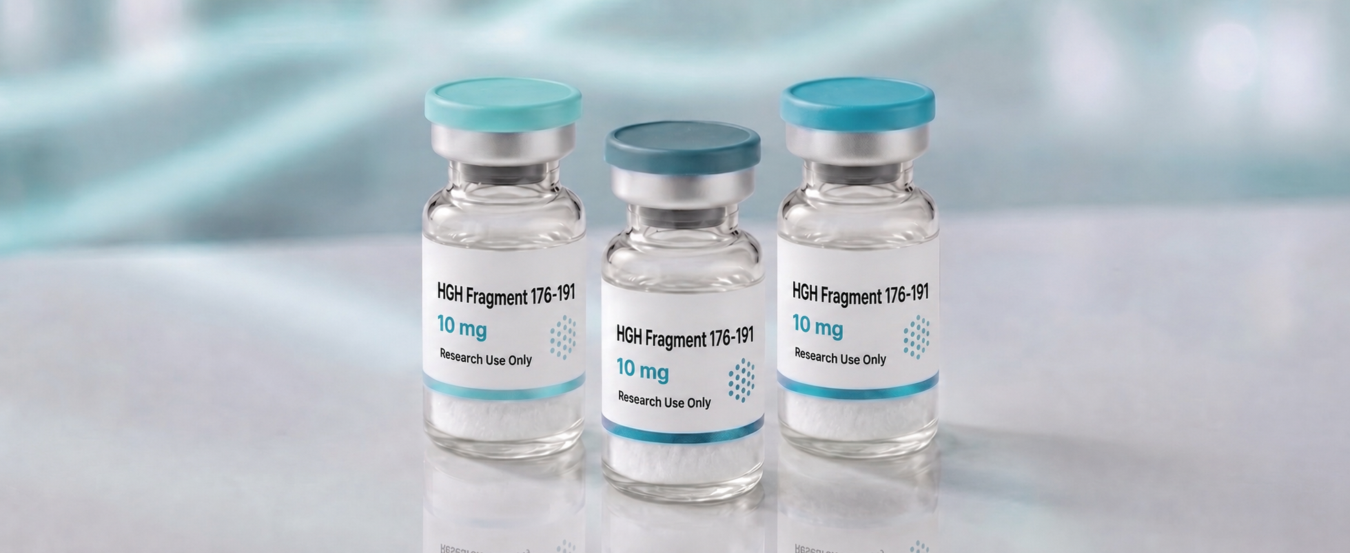 A row of HGH Fragment 176-191 research vials, mock product photograph