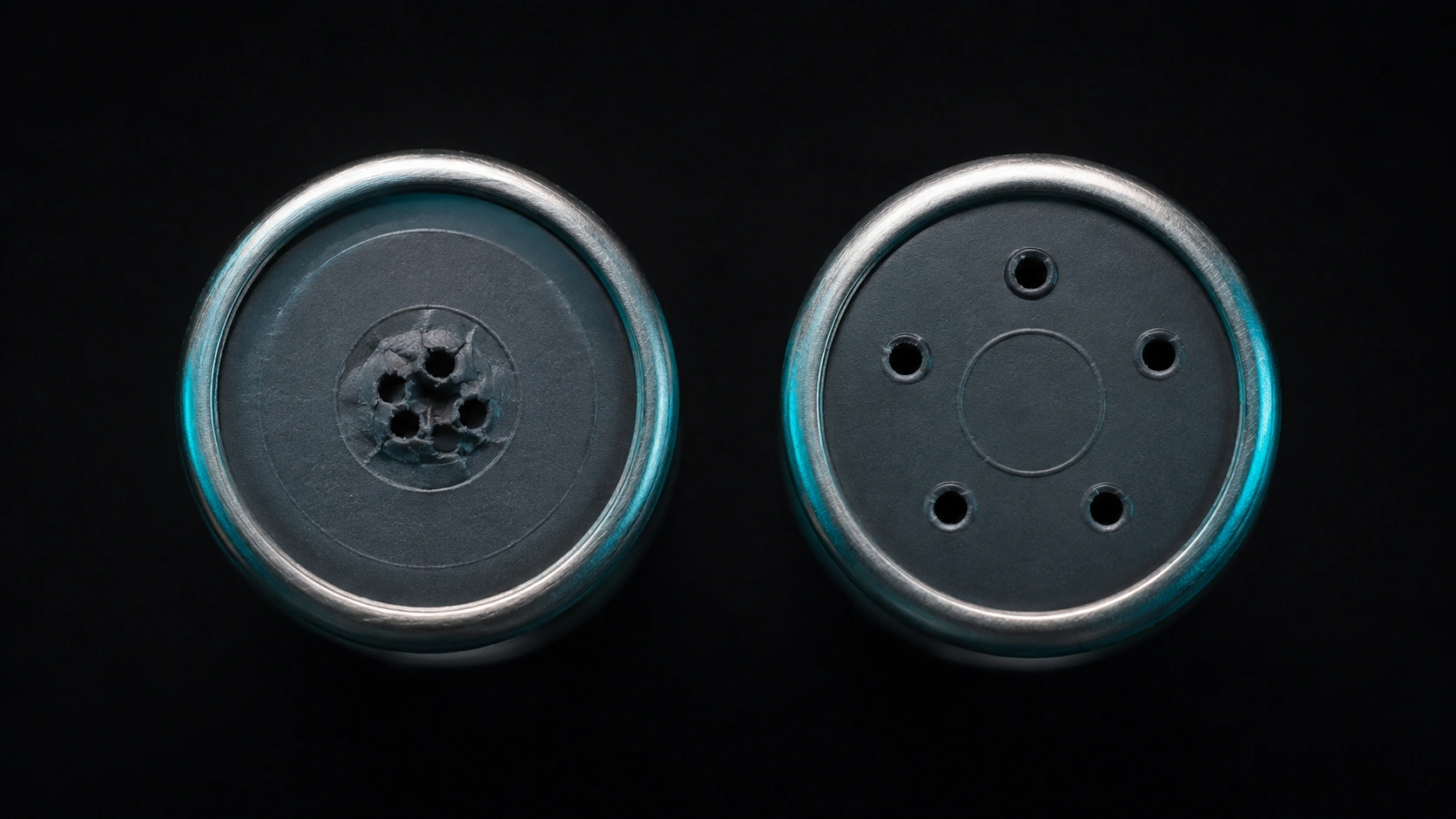 Two peptide vial stoppers seen from above on a black background: one cratered with clustered punctures, one with entries spaced apart.