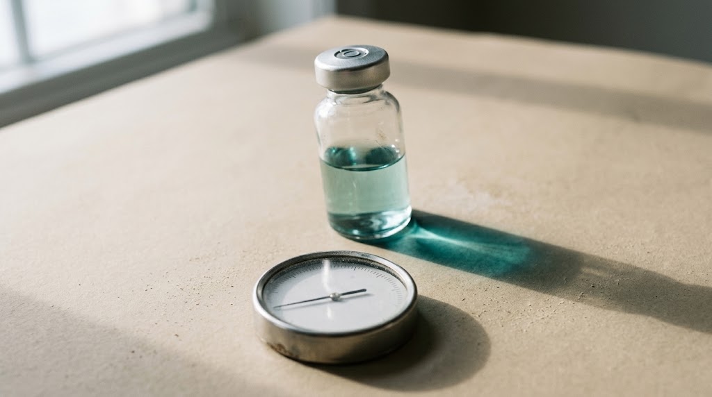 A glass vial of pale teal liquid beside a small round gauge on a sunlit counter