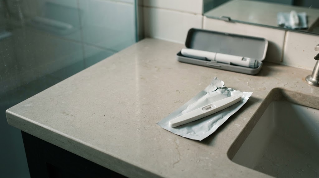 A white home pregnancy test beside its open case on a bathroom counter