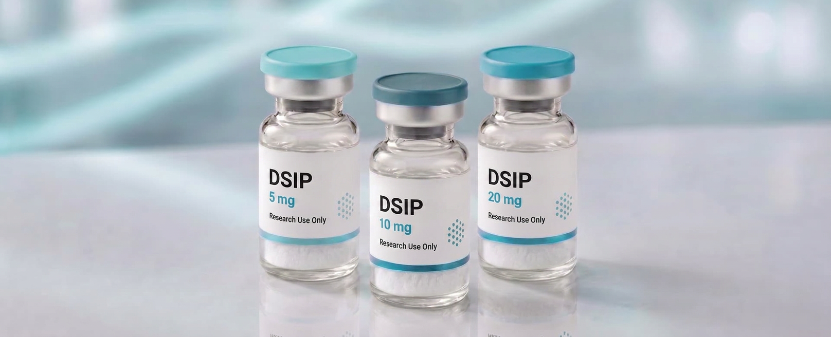 A row of DSIP (Delta Sleep-Inducing Peptide) research vials, mock product photograph