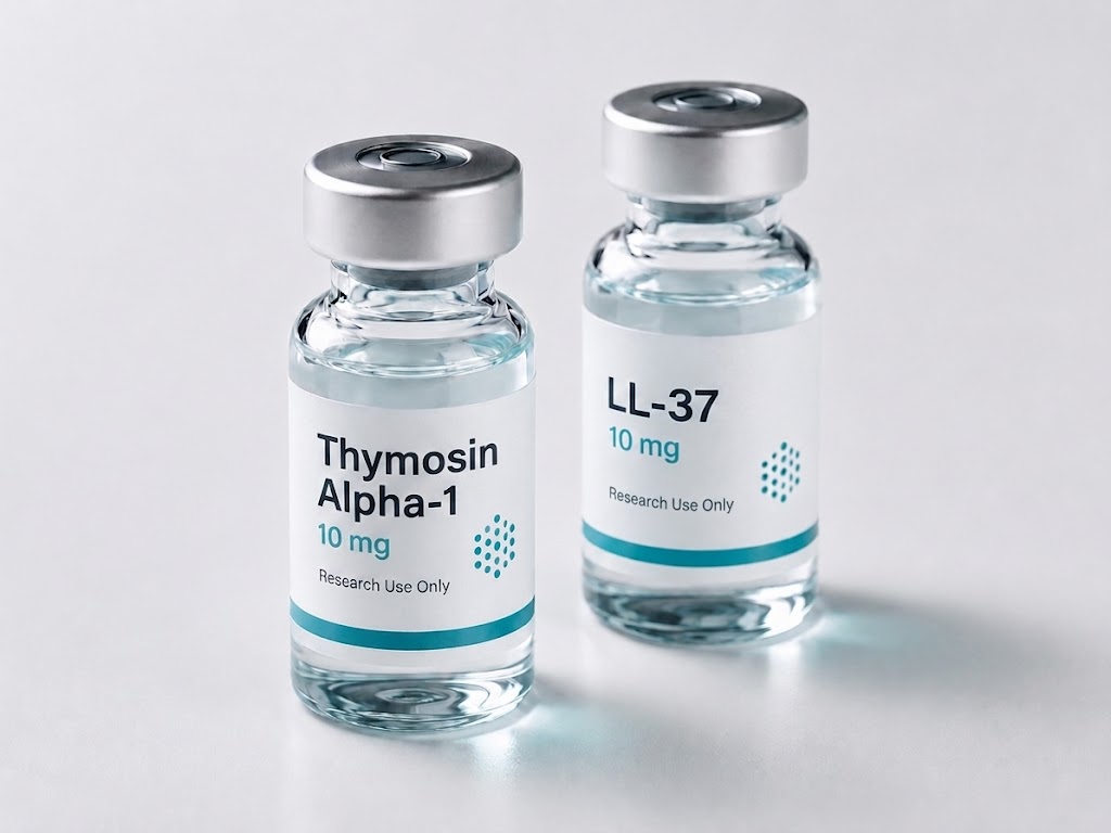 Thymosin alpha-1 and LL-37 vials side by side on a white surface
