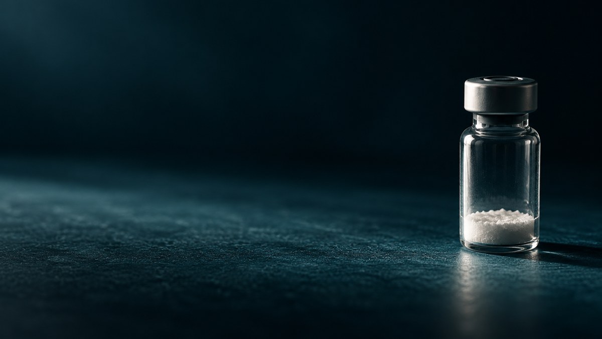 An unlabeled vial of white powder on a dark teal laboratory surface
