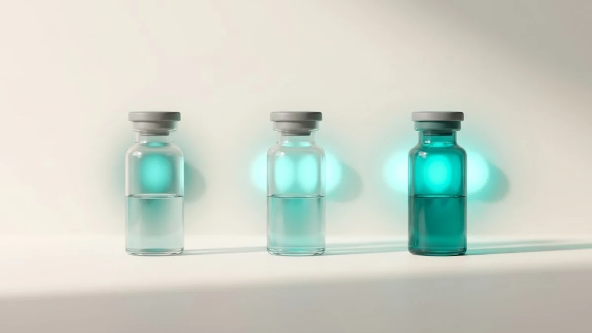Three peptide vials showing increasing teal concentration, representing the GLP-1, dual, and triple agonist progression