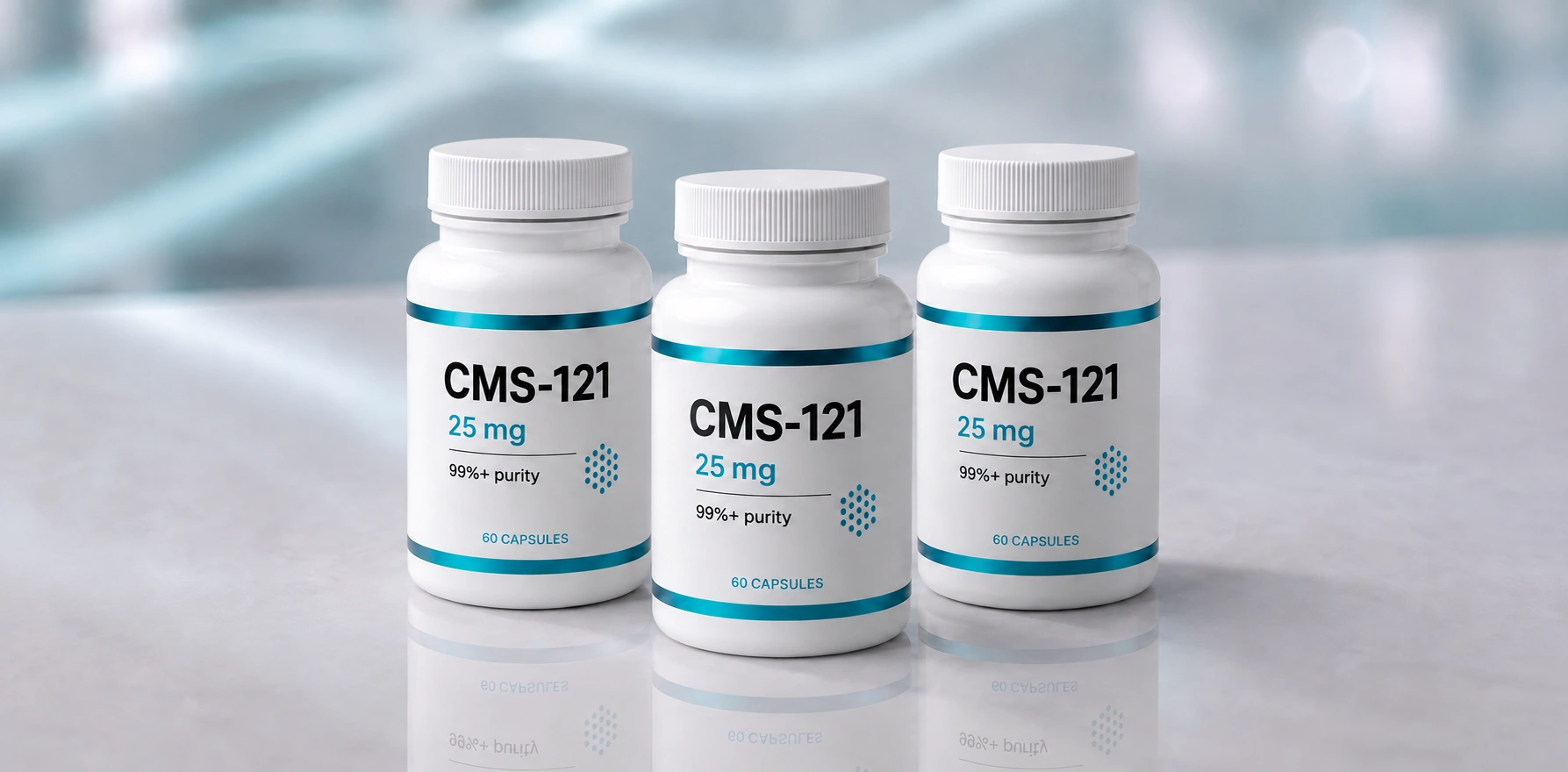 A row of CMS-121 research vials, mock product photograph