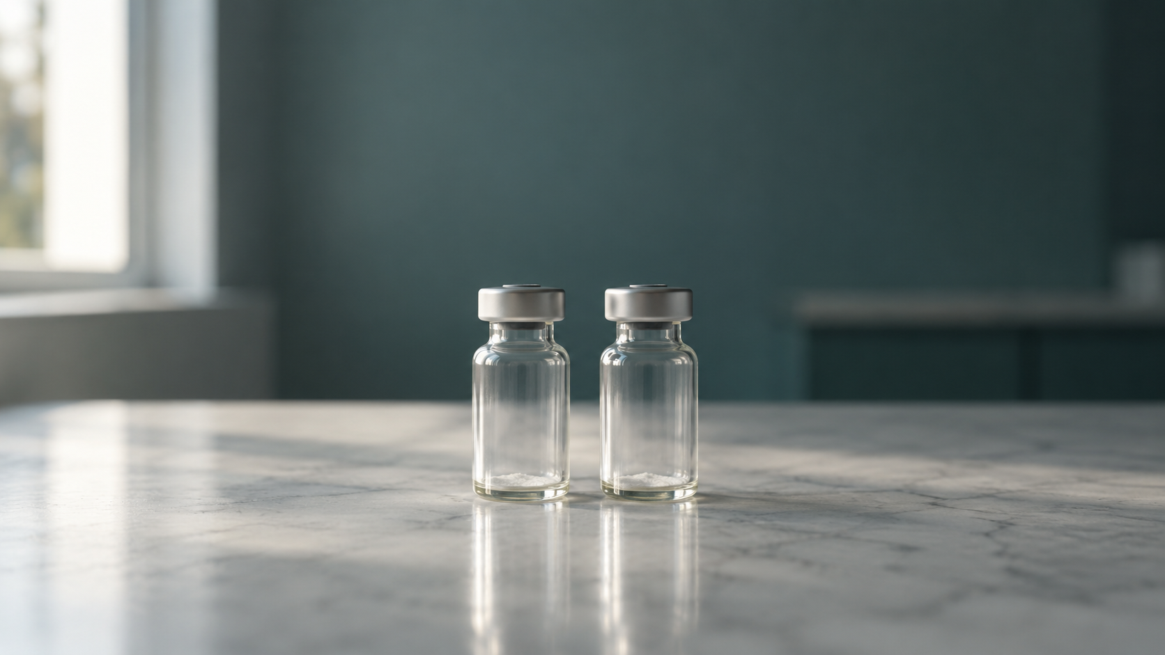 Two small glass vials with a trace of white powder at the bottom on a marble counter