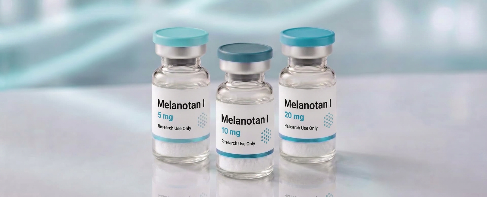 A row of Melanotan I (Afamelanotide) research vials, mock product photograph