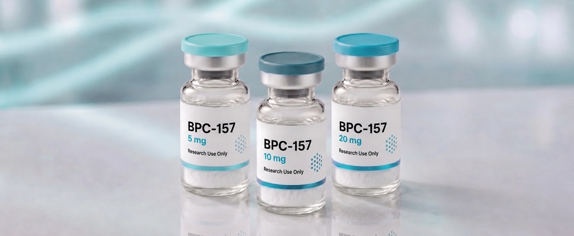 A row of BPC-157 research vials, mock product photograph