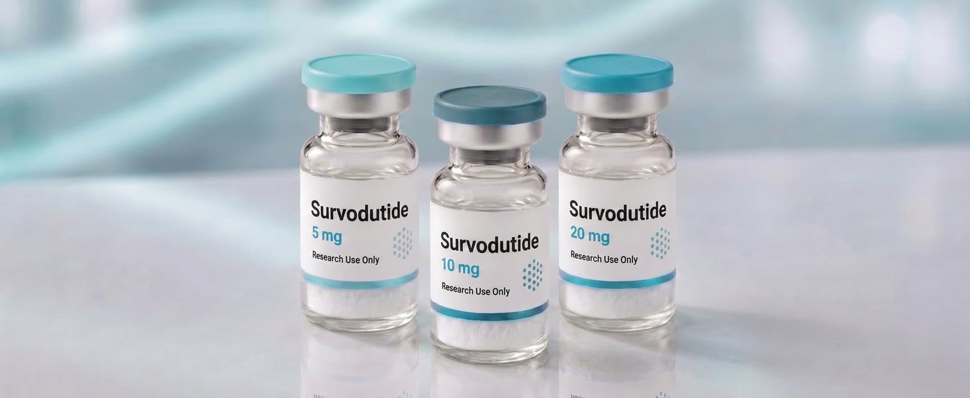 A row of Survodutide research vials, mock product photograph
