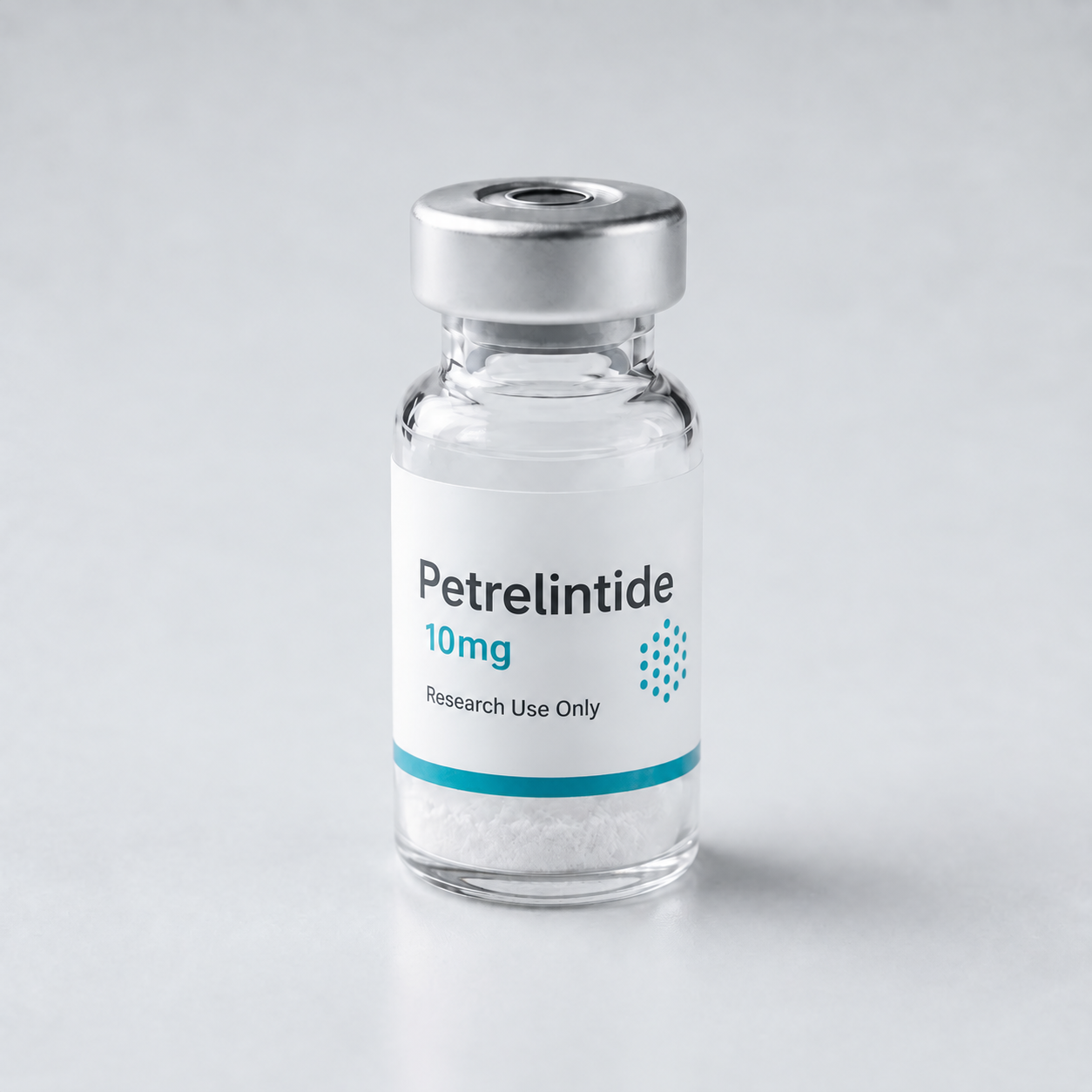 Research vial labeled Petrelintide containing white lyophilized powder