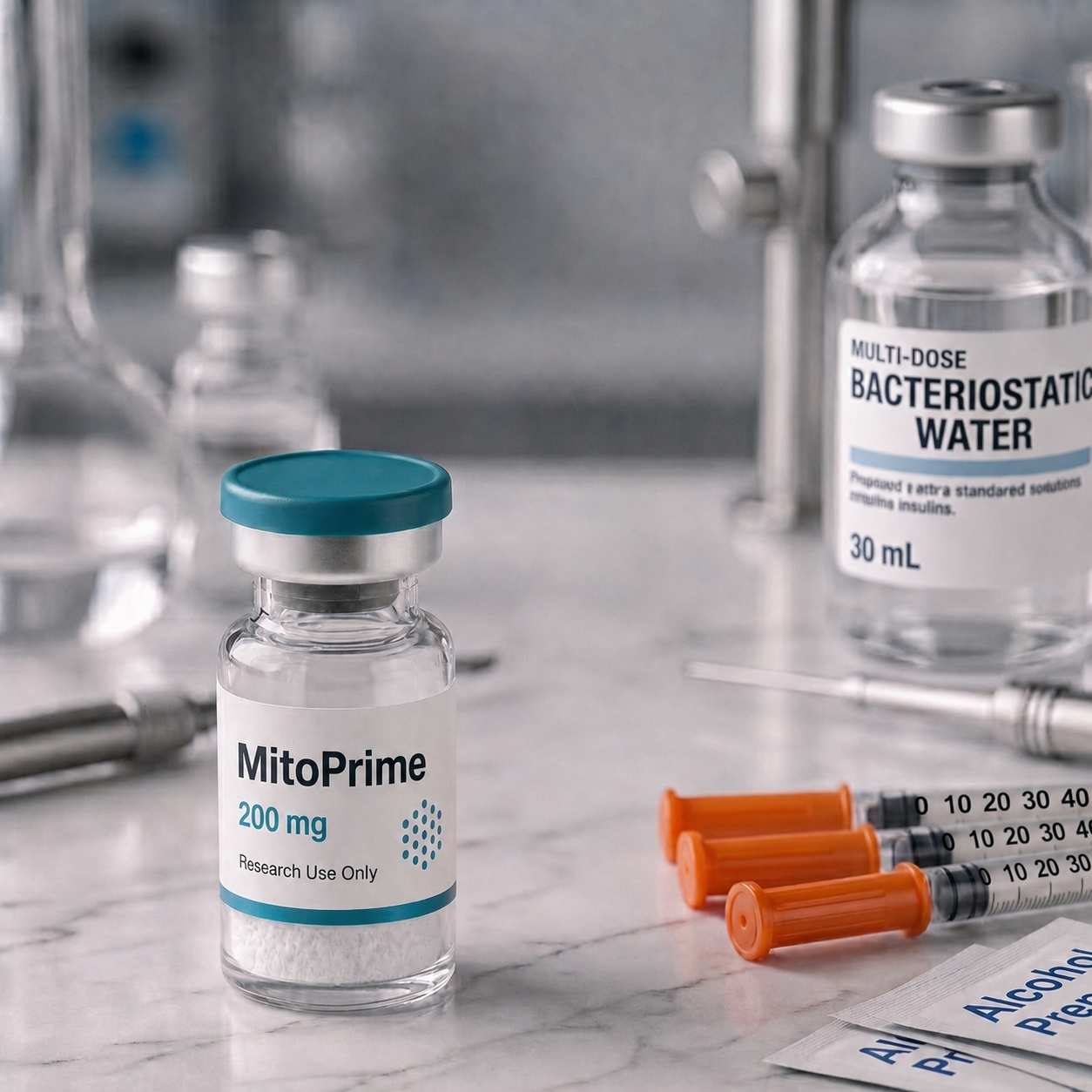 MitoPrime blend (NAD+ / MOTS-c / 5-Amino-1MQ), mock product photograph