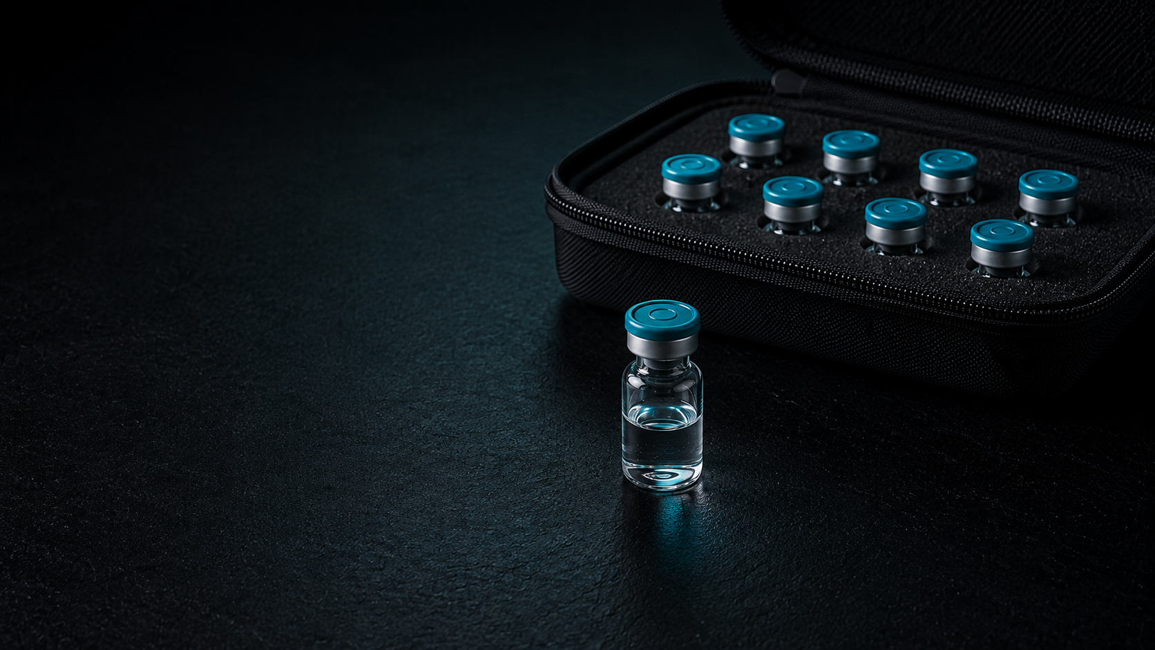 A single teal-capped peptide vial beside an insulated zip case holding nine more vials on a dark surface.