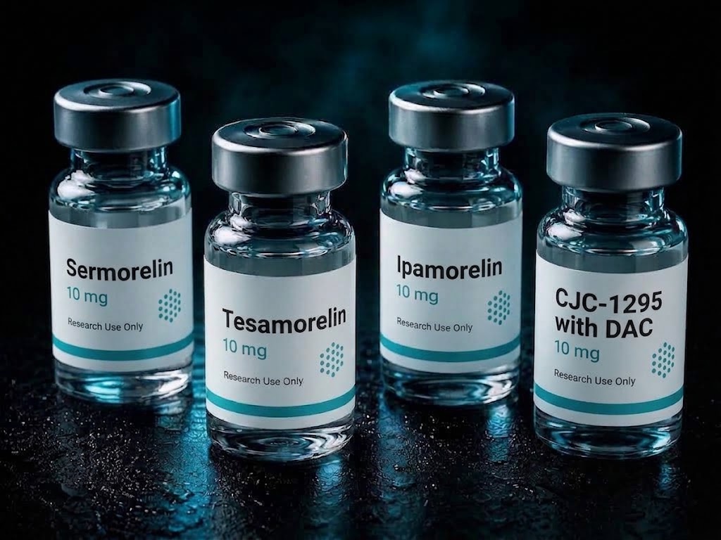 Research vials labelled Sermorelin, Tesamorelin, Ipamorelin and CJC-1295 with DAC under low blue light