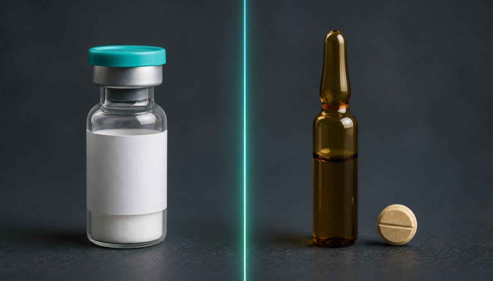A clear peptide vial with a teal cap on the left and an amber steroid ampoule with a pill on the right, split by a thin teal line on a charcoal surface.