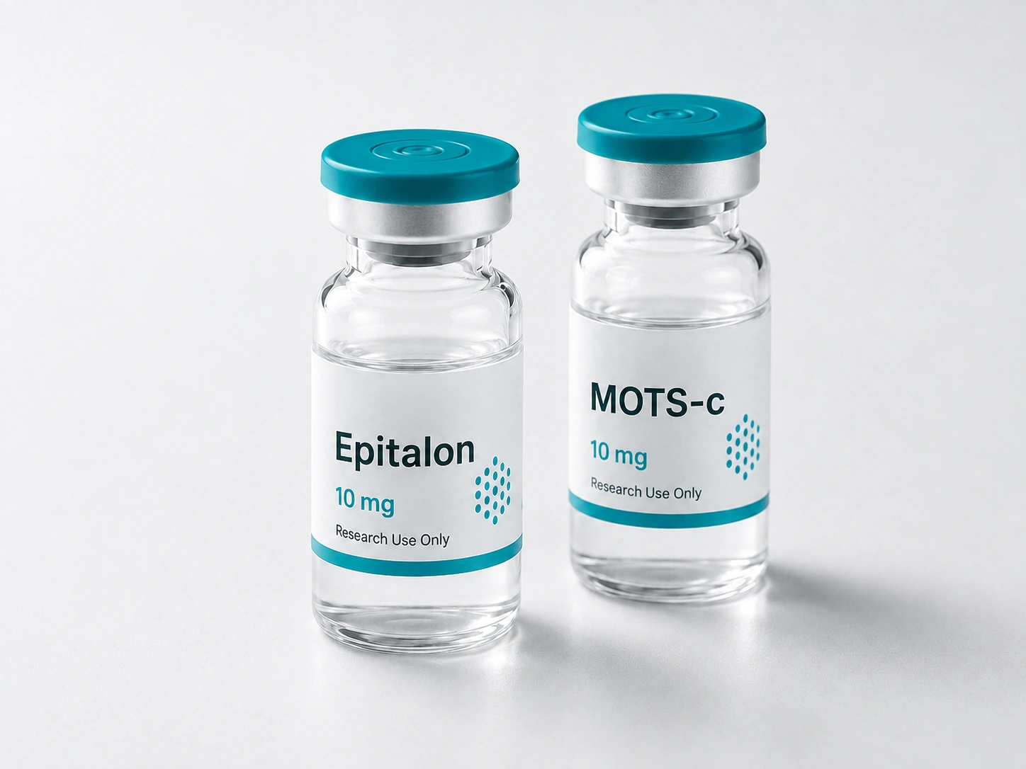 Epitalon and MOTS-c vials side by side on a white surface