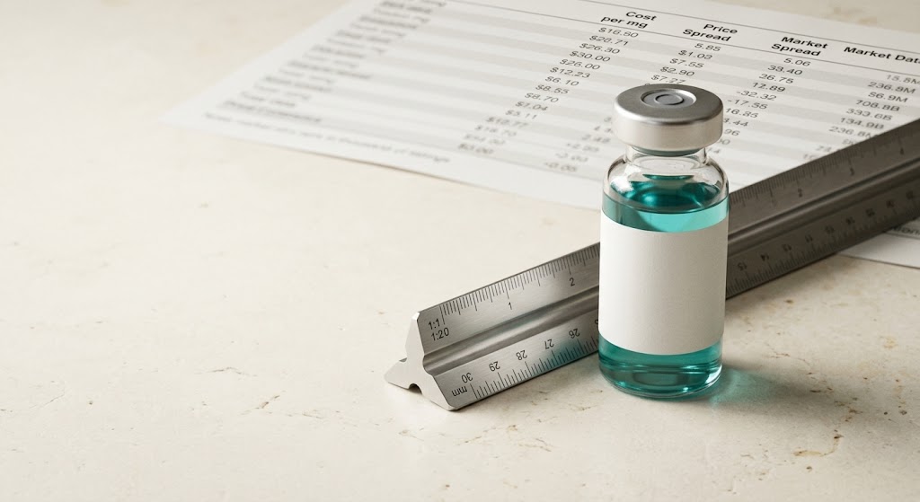 A glass vial beside a measuring ruler, with a peptide price comparison sheet behind it.