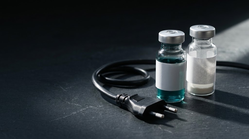 A teal-filled vial and a powder vial beside an unplugged refrigerator power cord on a dark surface
