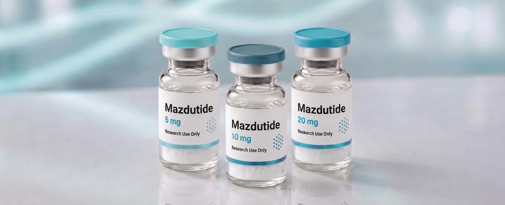 A row of Mazdutide research vials, mock product photograph