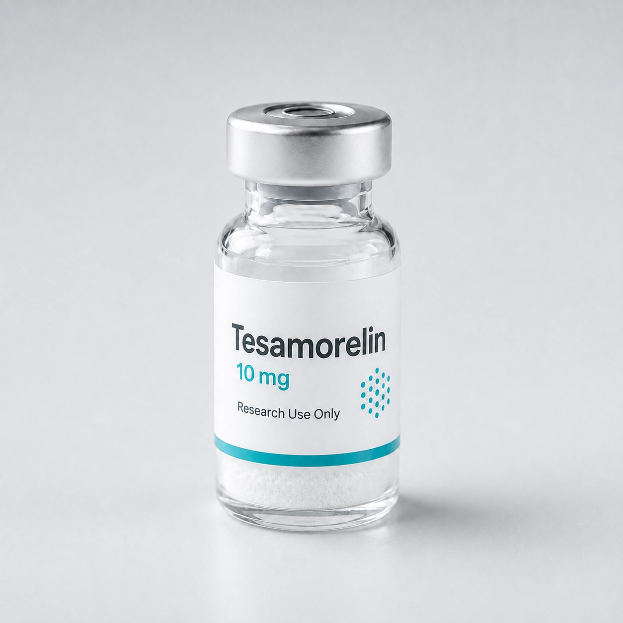 Vial labeled Tesamorelin, ten milligrams