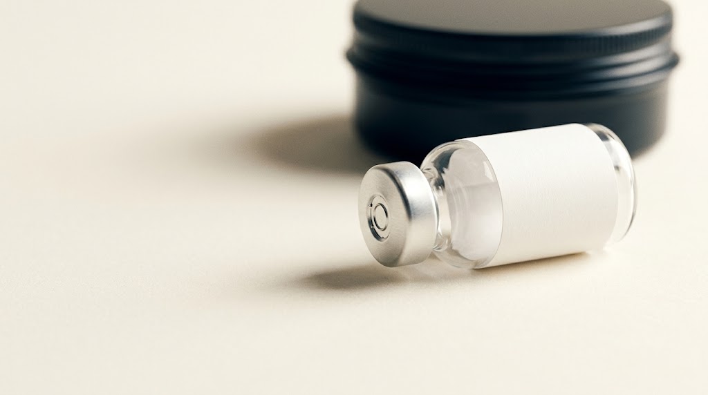 An empty labelled glass vial lying on its side beside a closed black container