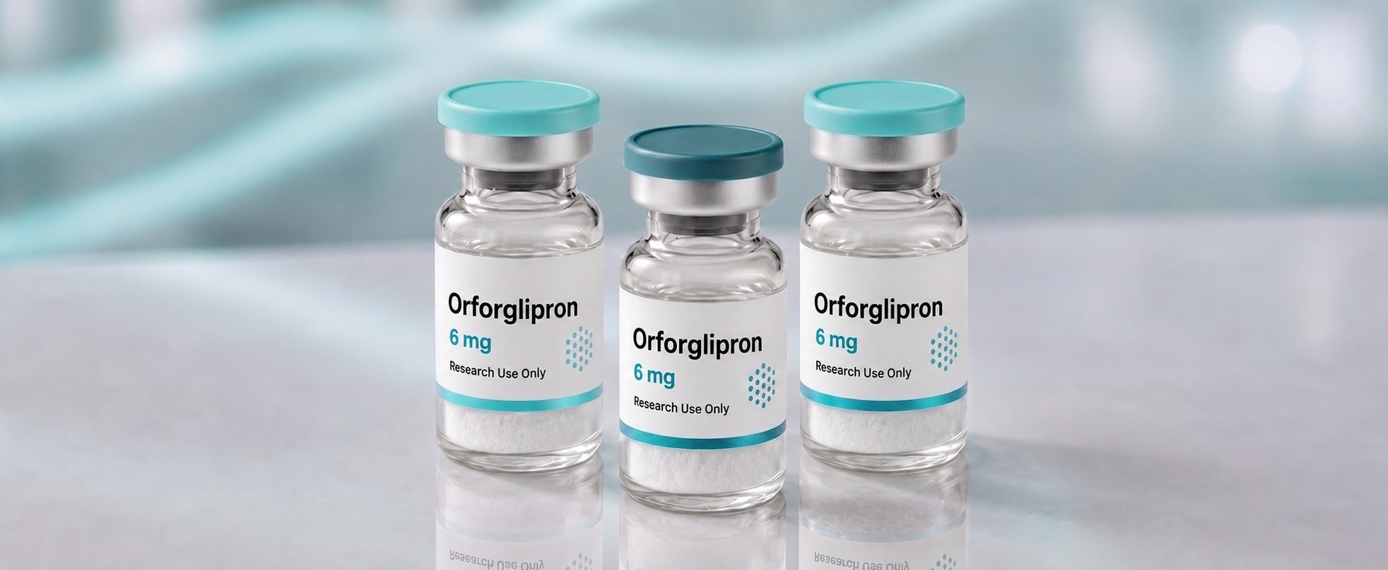 A row of Orforglipron research vials, mock product photograph