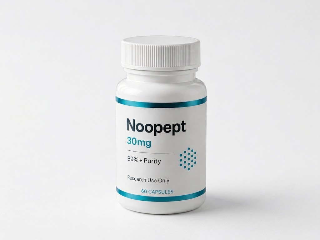 A white bottle of Noopept, 30 milligram capsules, 60 count