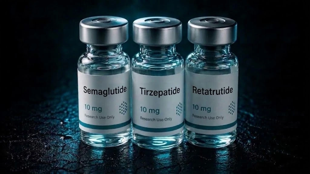 Semaglutide, tirzepatide and retatrutide research vials