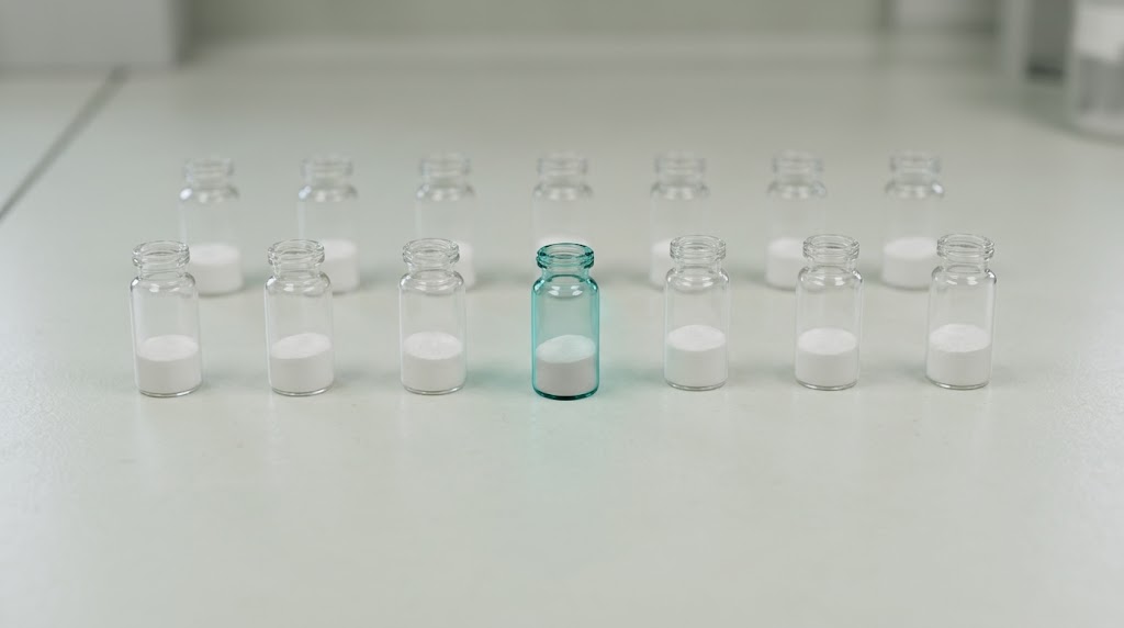 A row of unlabelled peptide vials on a laboratory bench, one vial tinted teal