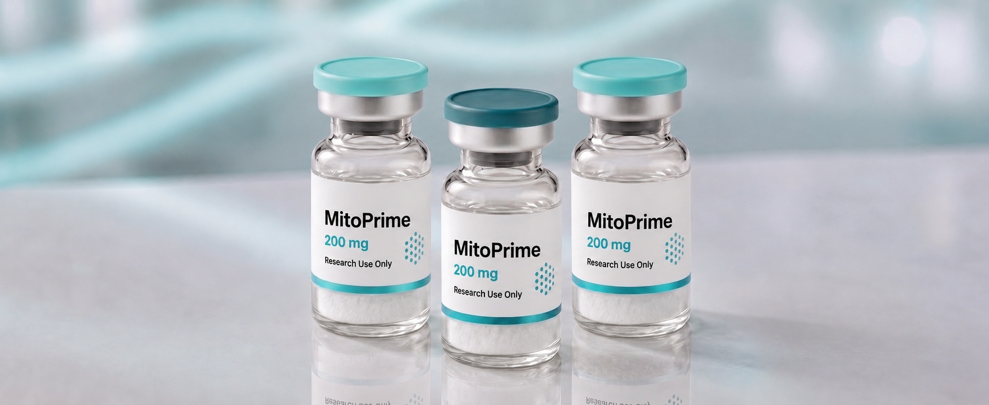 A row of MitoPrime blend (NAD+ / MOTS-c / 5-Amino-1MQ) research vials, mock product photograph